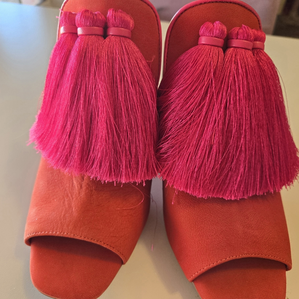 Gianni Bini Red Suede Mules with Pink Tassel Detail